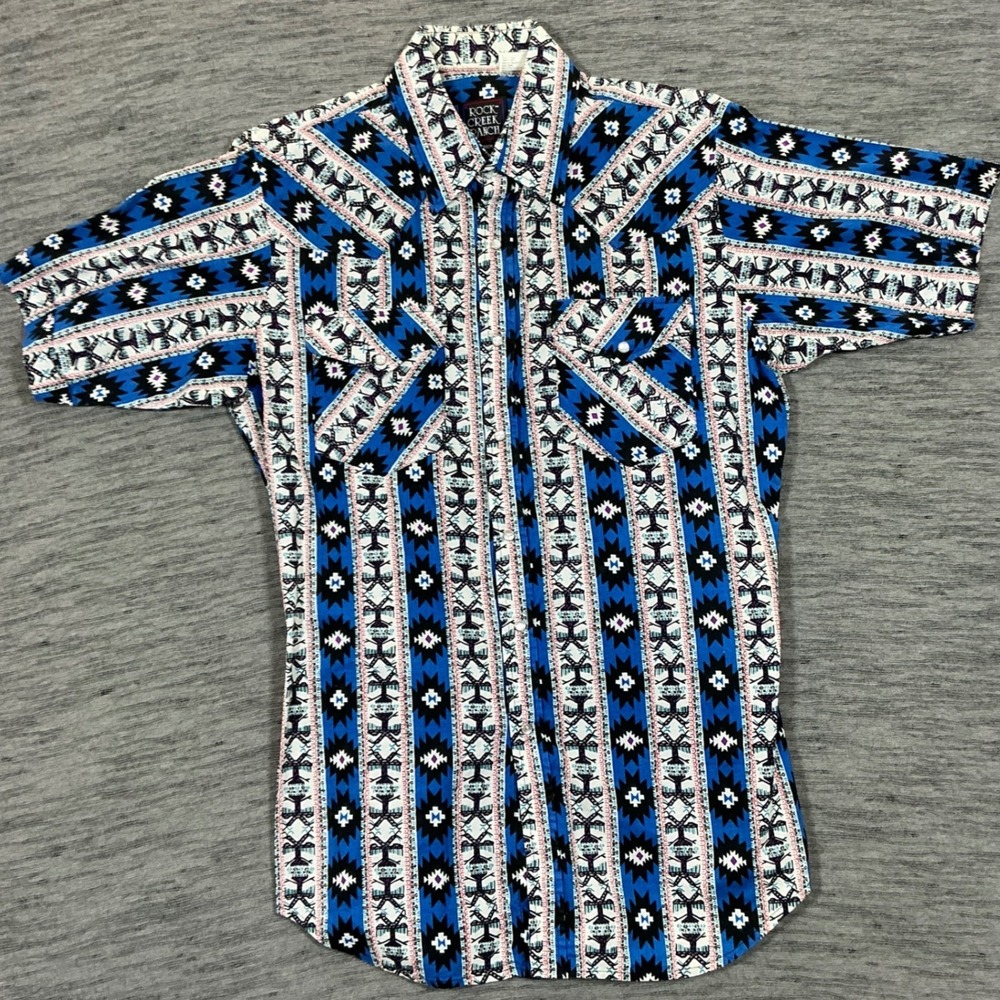 Rock Creek Ranch Mens Medium Blue Southwestern Tribal Western Snap Shirt SS